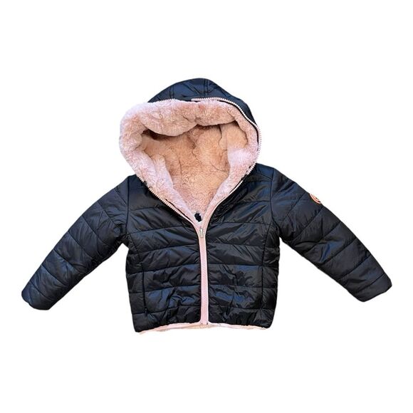 NWT Save the Duck | Girls Mimi Black Pink Plush Reversible Animal Free Jacket 2T - Picture 1 of 9